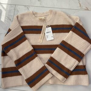saltwater LUXE Cream Sweater with Brown & Blue Stripes